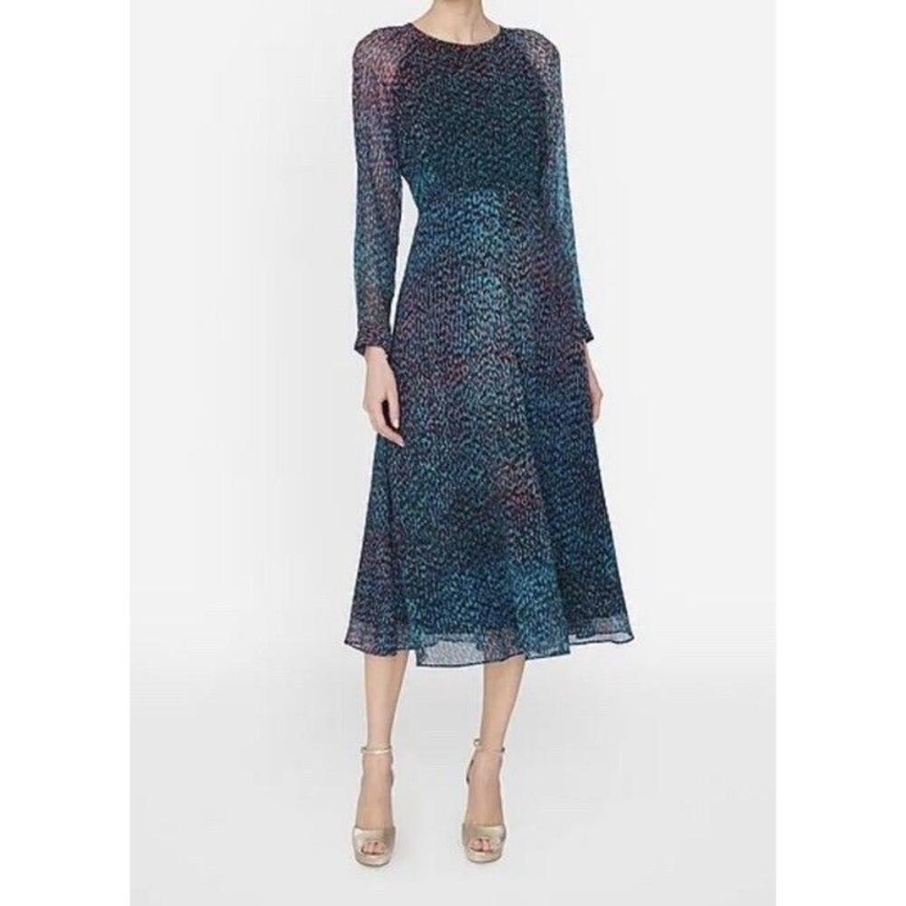 L.K. Bennett Addison Silk Multicolored Midi Sheer Sleeve Dress Sz 8 EUC